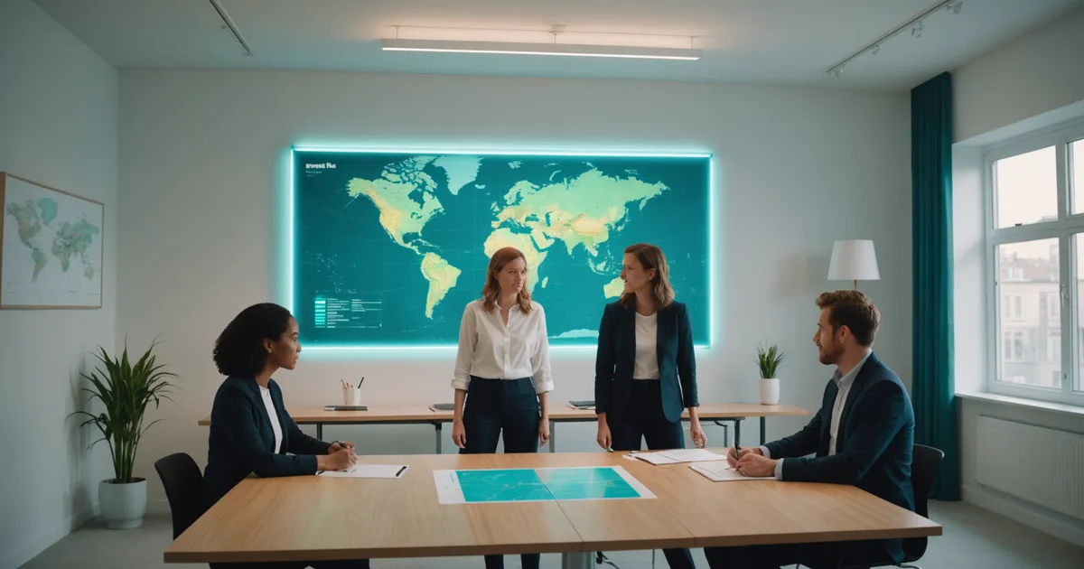 Diverse group of people gathered around a large map display in a modern meeting room