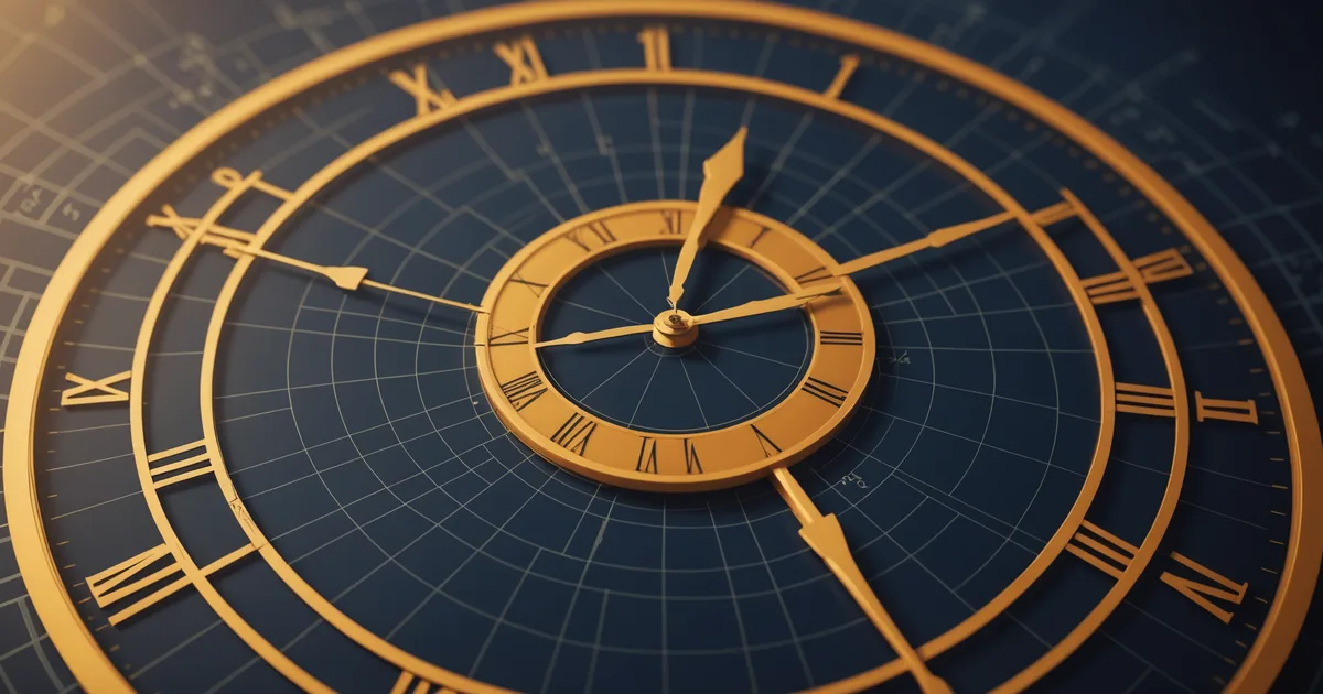Clock overlaid on a queue of location data requests in an abstract visual metaphor