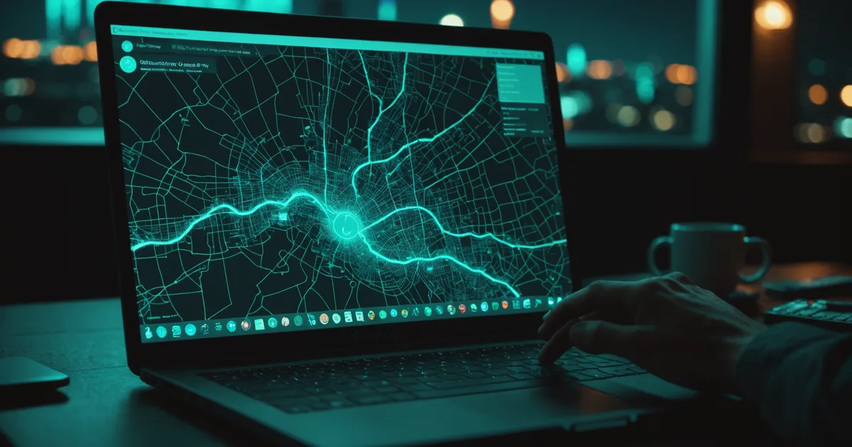 Abstract moment-of-discovery visual: a map result appearing from a text query on a laptop