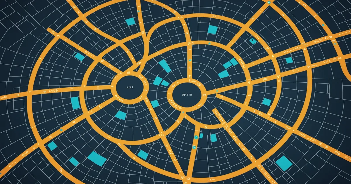 Retail location analysis map with circular catchment zones overlaid on a street grid