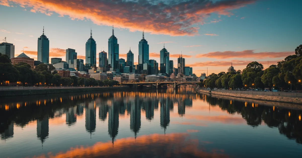Melbourne city skyline reflected in water at dusk, editorial photograph